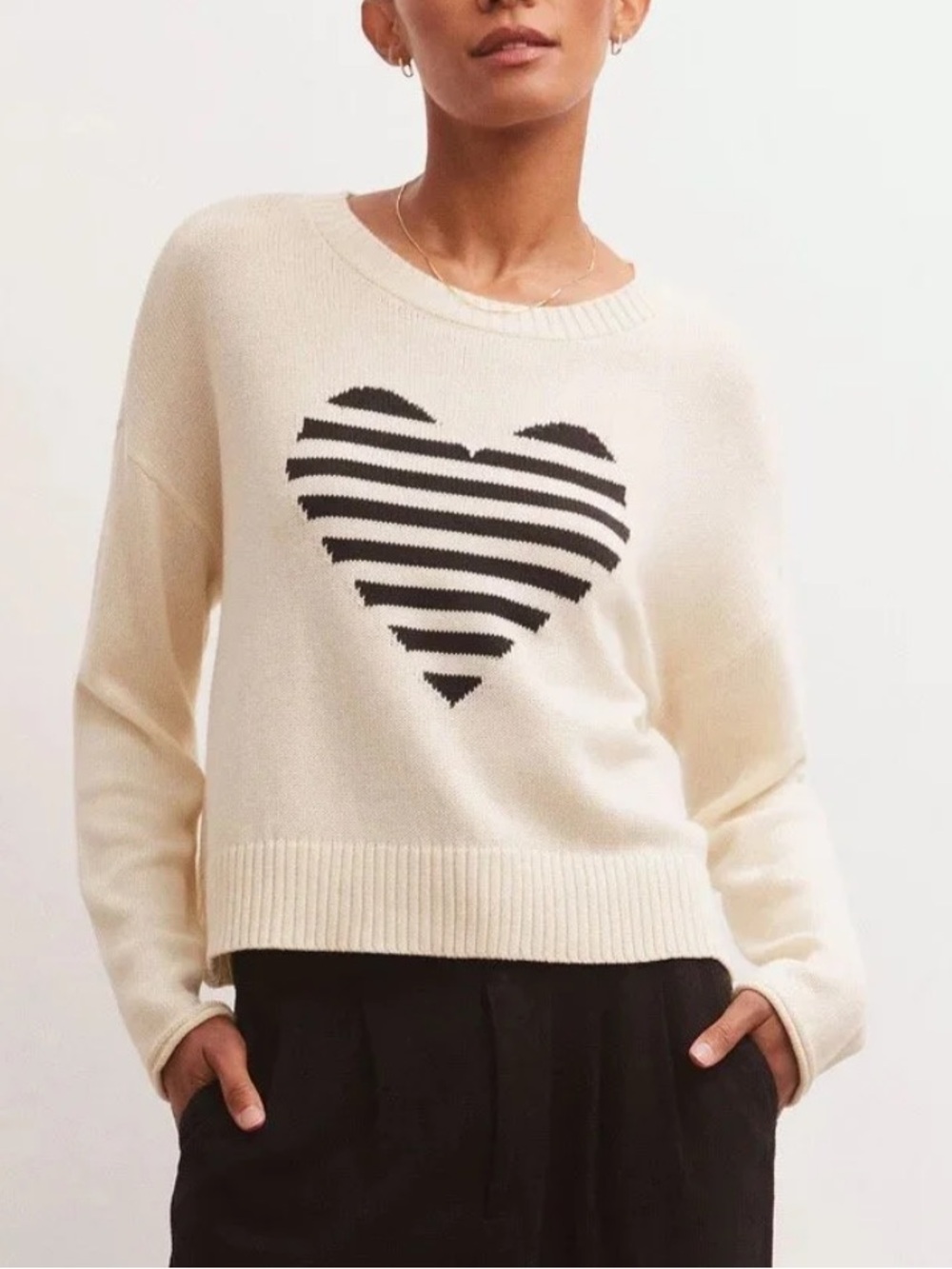 Z supply sienna heart knit ribbed crew cream cotton sweater relaxed fit sz s